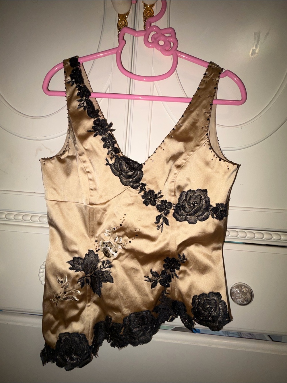 Adrianna Papell Gold Satin Camisole with Black Floral Appliqué